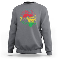 Charcoal gray crewneck sweatshirt with circular Juneteenth-themed graphic print on back