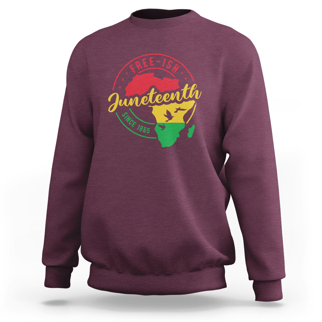 Maroon crewneck sweatshirt with circular Juneteenth-themed graphic print on back