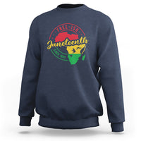 Blue crewneck sweatshirt with circular Juneteenth-themed graphic print on back