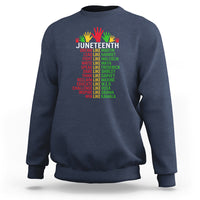 Navy crewneck sweatshirt with colorful Juneteenth-style text graphic on back