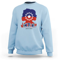 Women’s Juneteenth sweatshirt in light blue, crewneck with multicolor front graphic