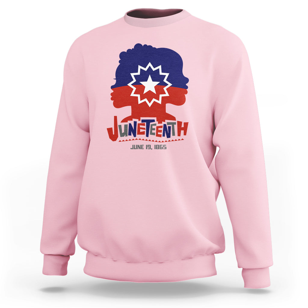 Women’s Juneteenth sweatshirt in light pink, crewneck with multicolor front graphic