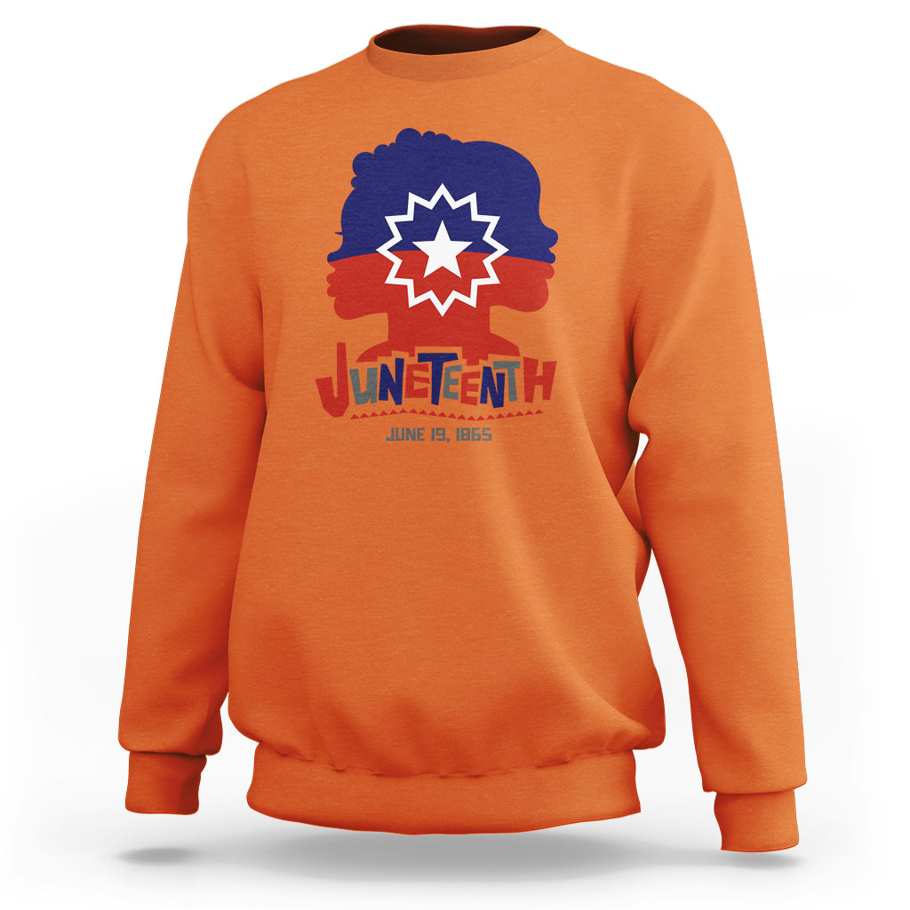 Women’s Juneteenth sweatshirt in orange, crewneck with multicolor front graphic