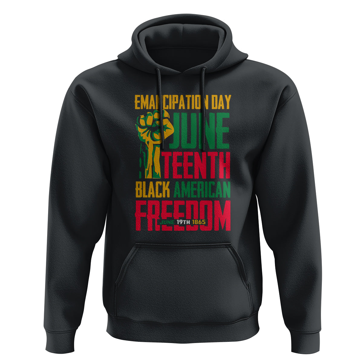 Dark charcoal hoodie with front Juneteenth graphic, kangaroo pocket, and drawstring hood.