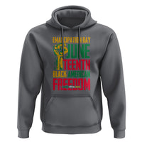 Charcoal gray hoodie with front Juneteenth graphic, kangaroo pocket, and drawstring hood.