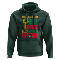 Dark forest green hoodie with front Juneteenth graphic, kangaroo pocket, and drawstring hood.