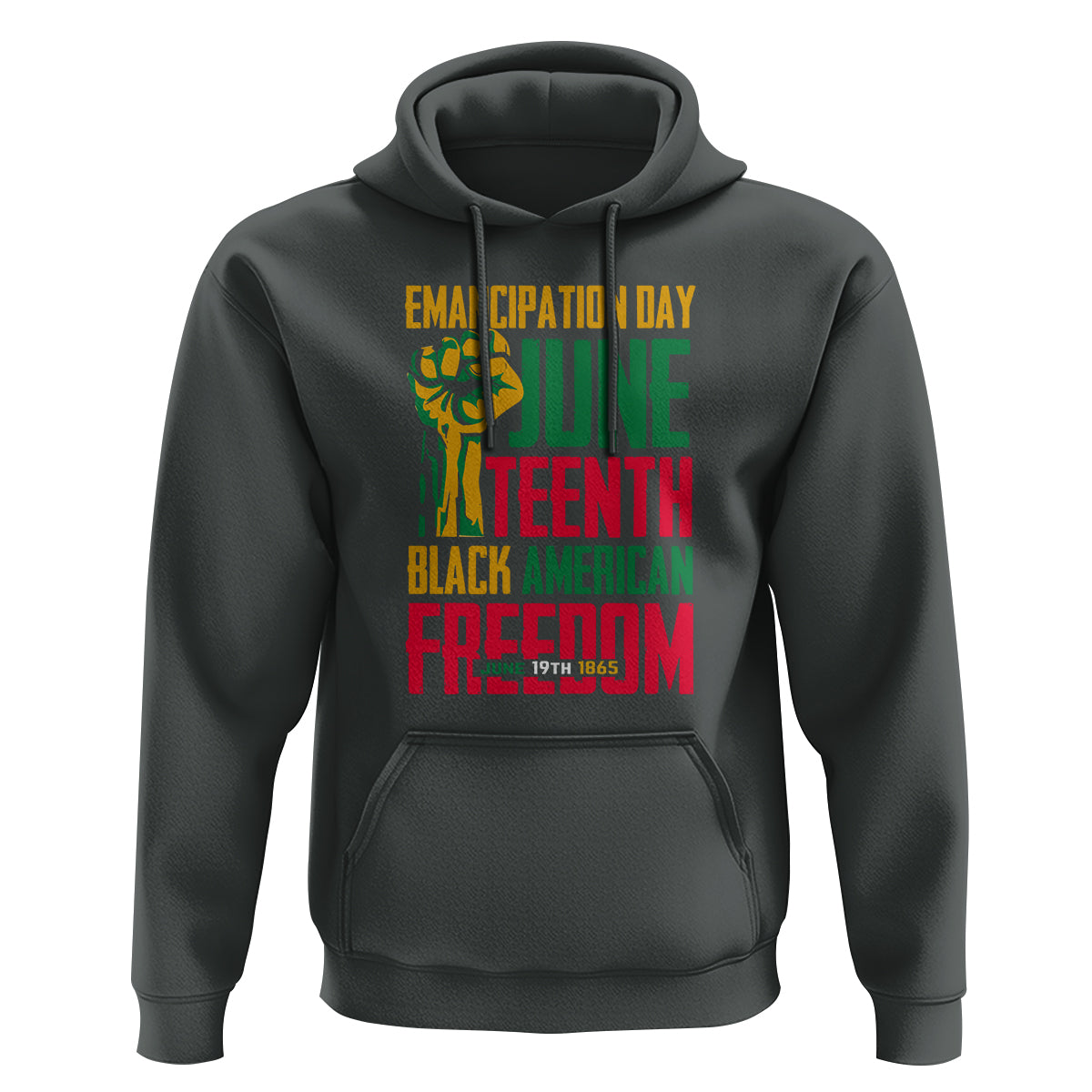 Charcoal gray hoodie with front Juneteenth graphic, kangaroo pocket, and drawstring hood.