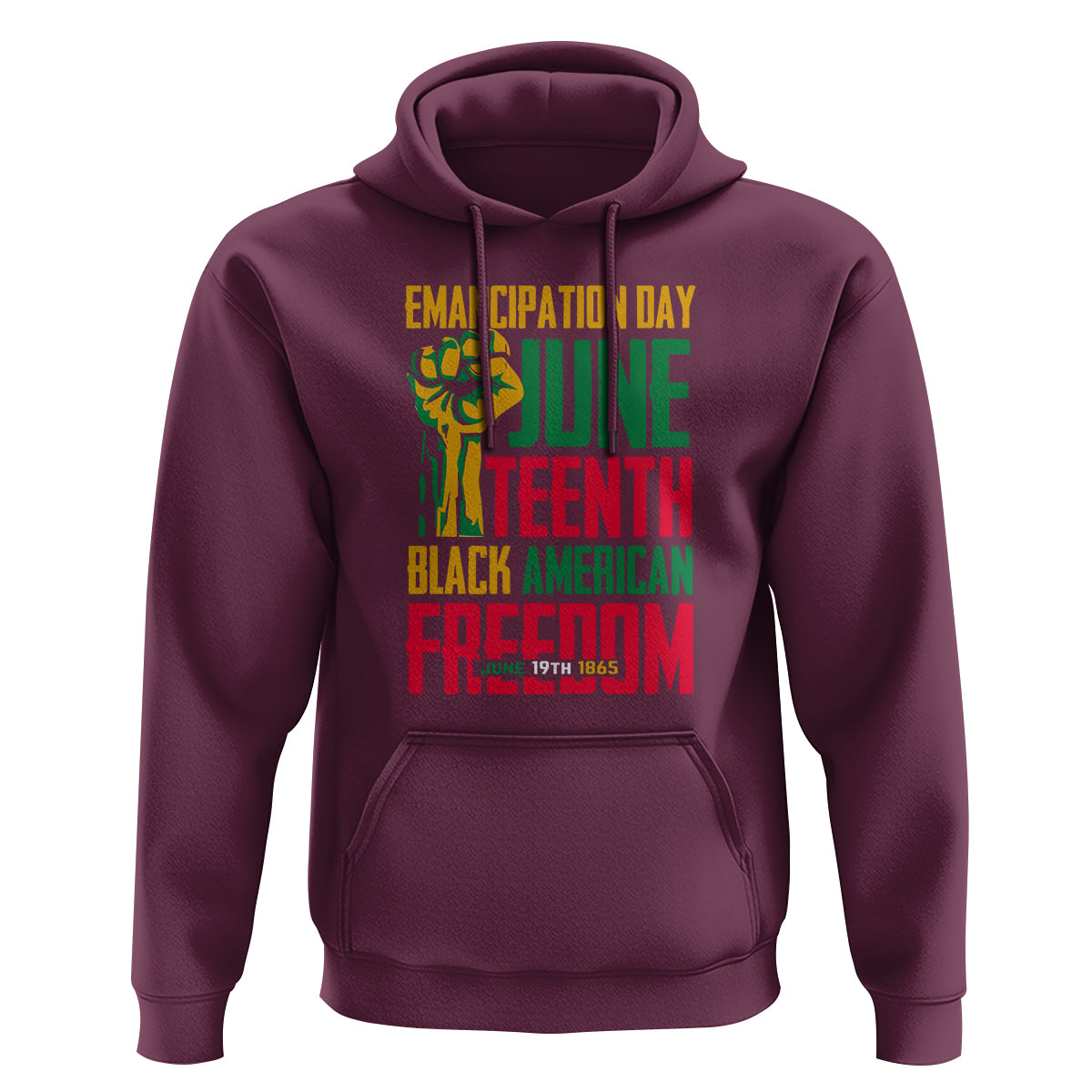 Purple hoodie with front Juneteenth graphic, kangaroo pocket, and drawstring hood.
