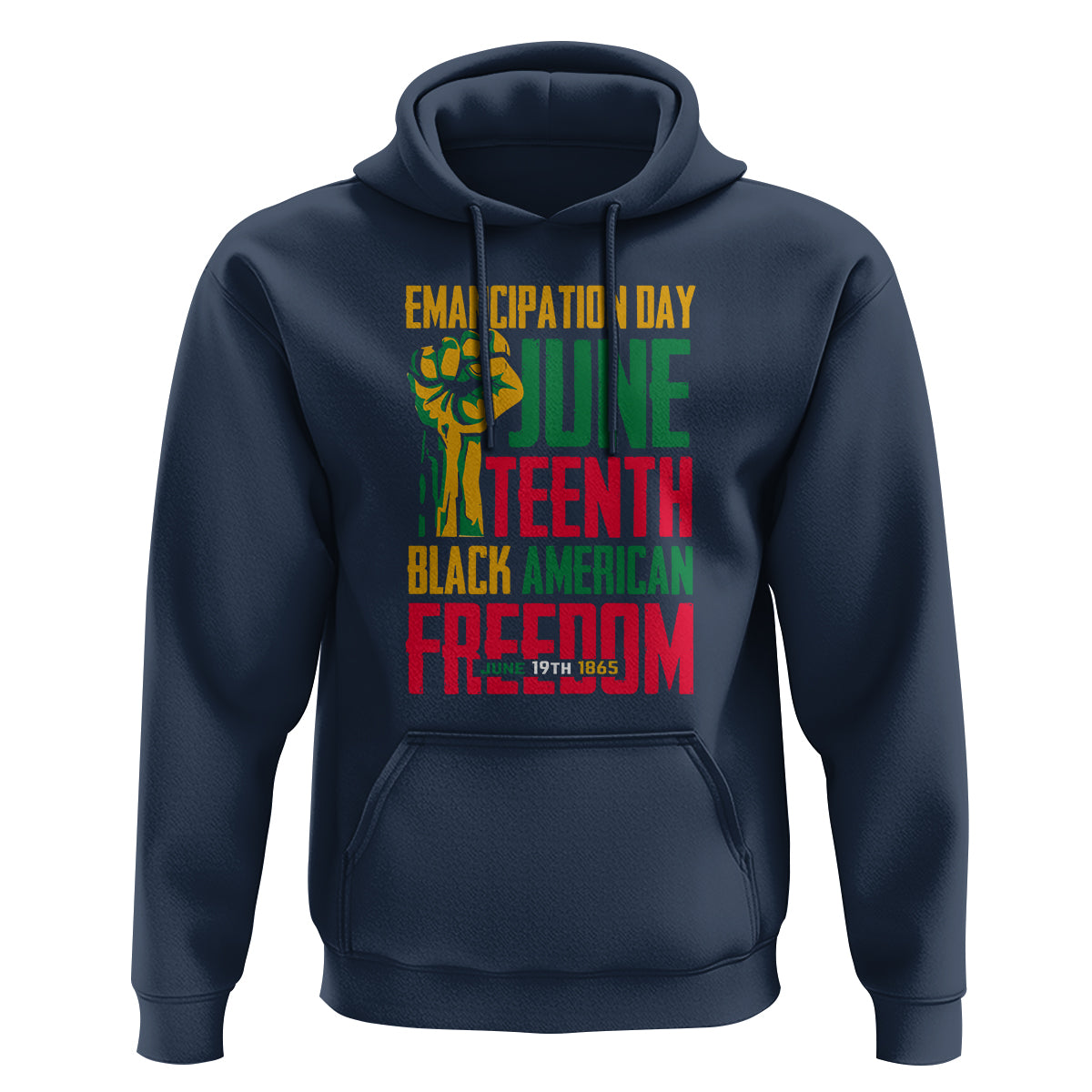 Navy hoodie with front Juneteenth graphic, kangaroo pocket, and drawstring hood.