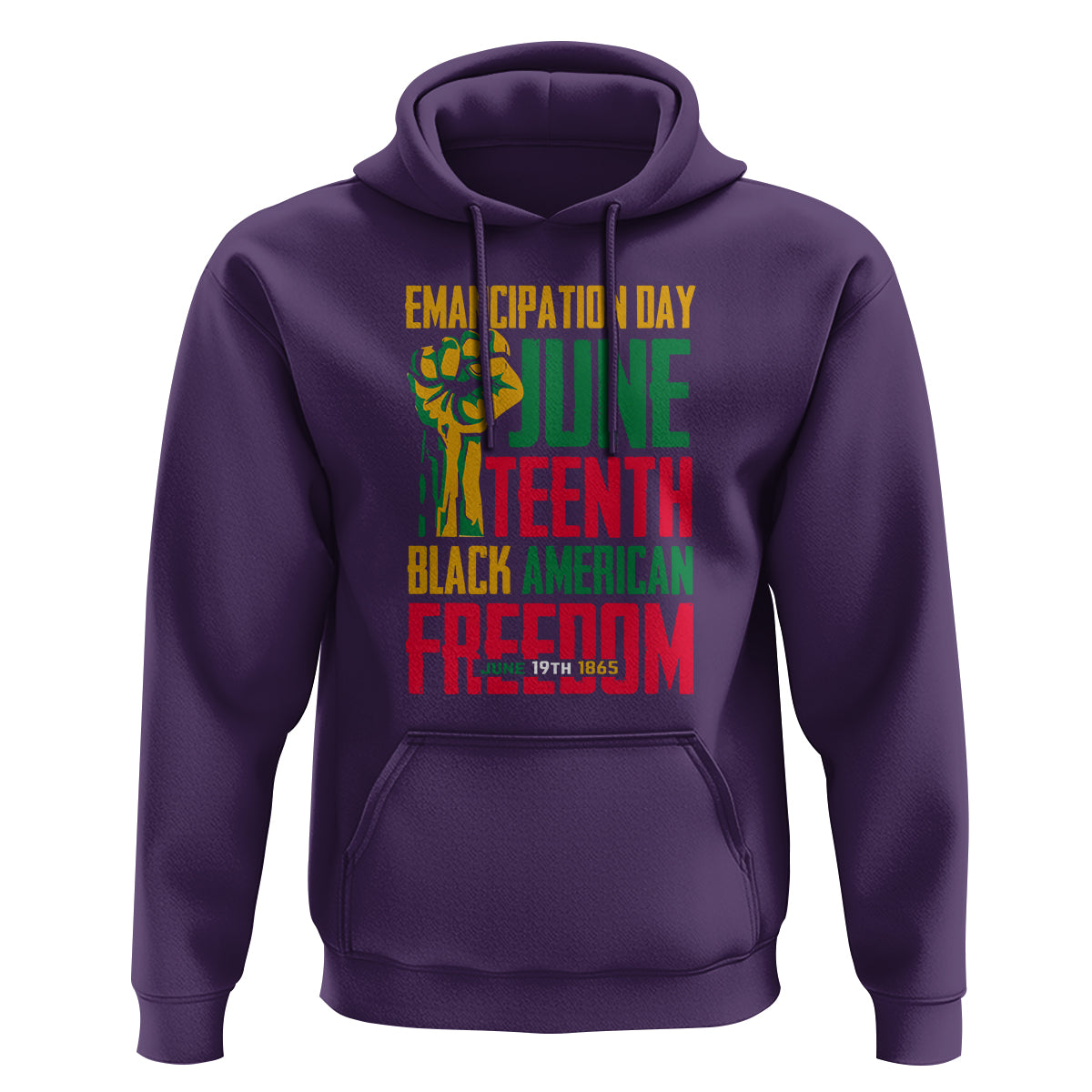 Purple hoodie with front Juneteenth graphic, kangaroo pocket, and drawstring hood.