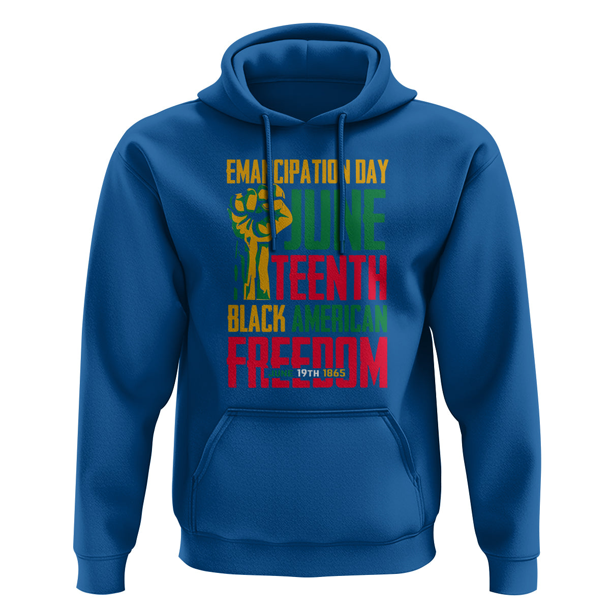Royal blue hoodie with front Juneteenth graphic, kangaroo pocket, and drawstring hood.