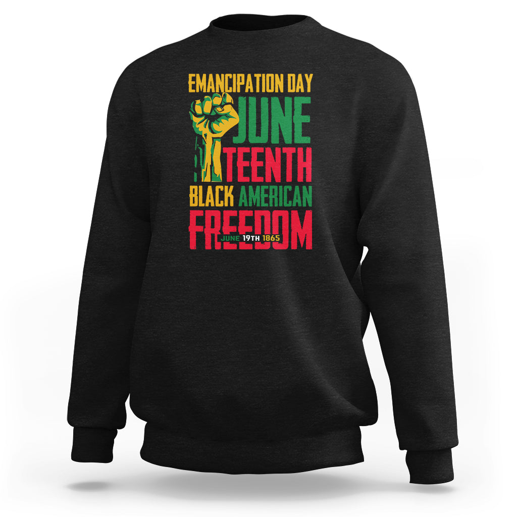 Juneteenth graphic sweatshirt in black, crewneck, long sleeves, front print design
