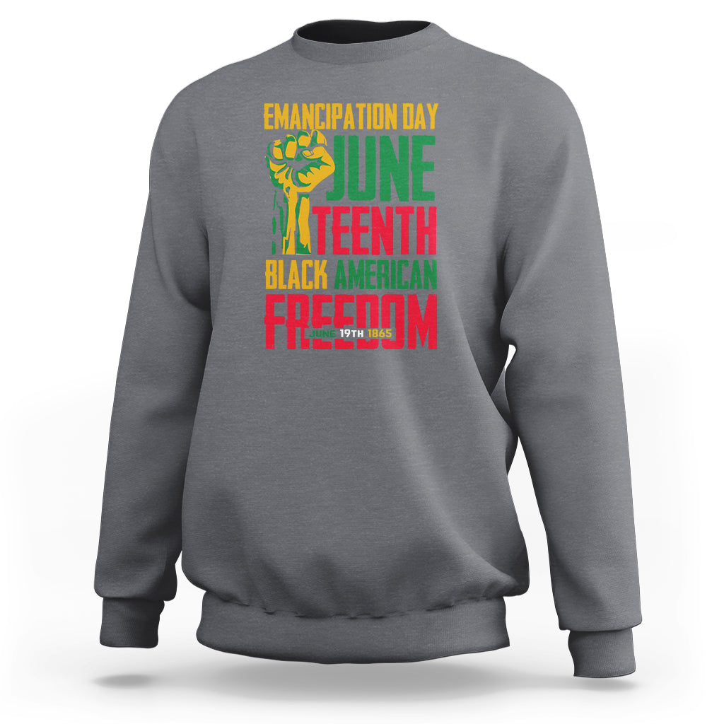 Juneteenth graphic sweatshirt in light gray, crewneck, long sleeves, front print design
