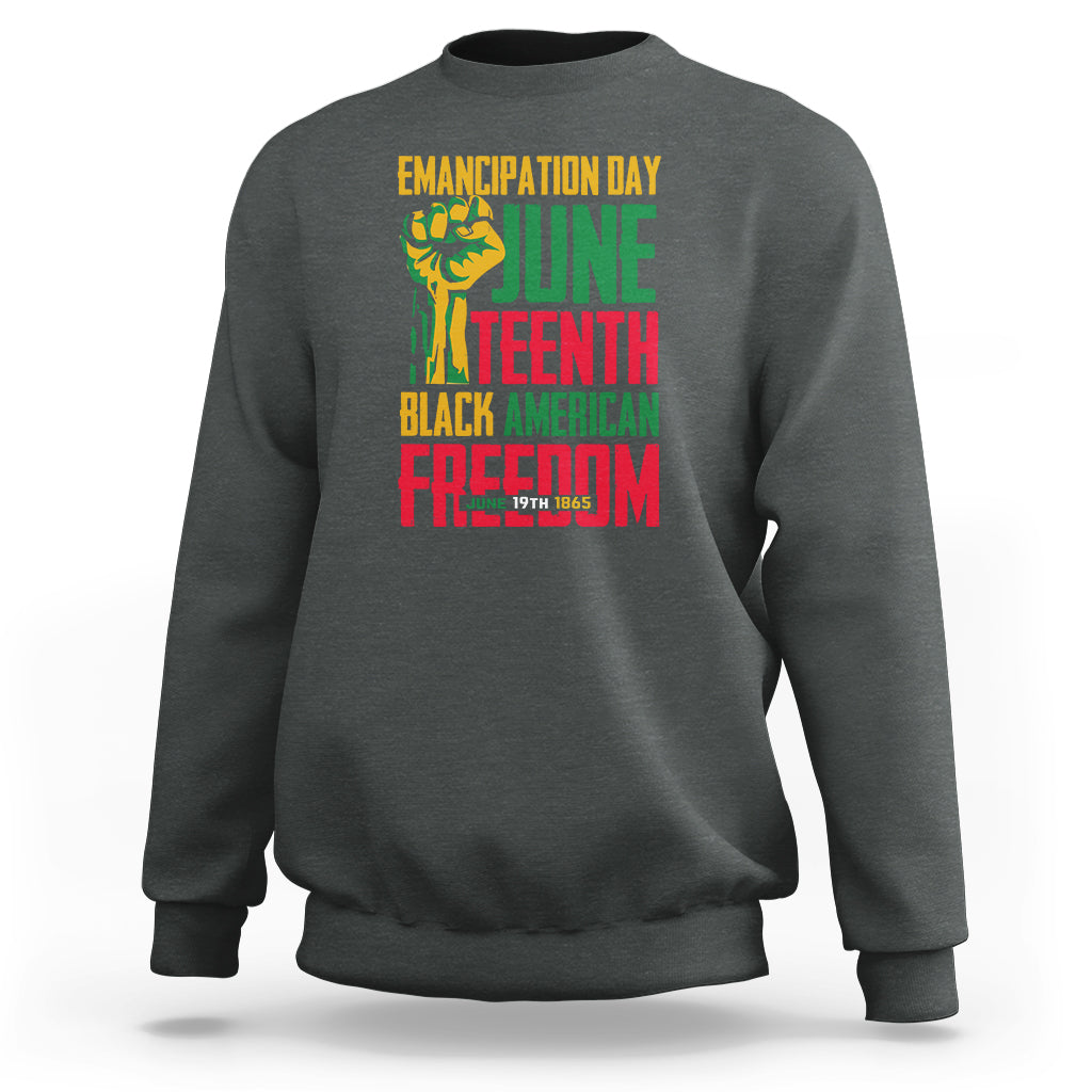 Juneteenth graphic sweatshirt in charcoal gray, crewneck, long sleeves, front print design