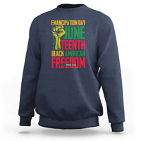Juneteenth graphic sweatshirt in navy blue, crewneck, long sleeves, front print design