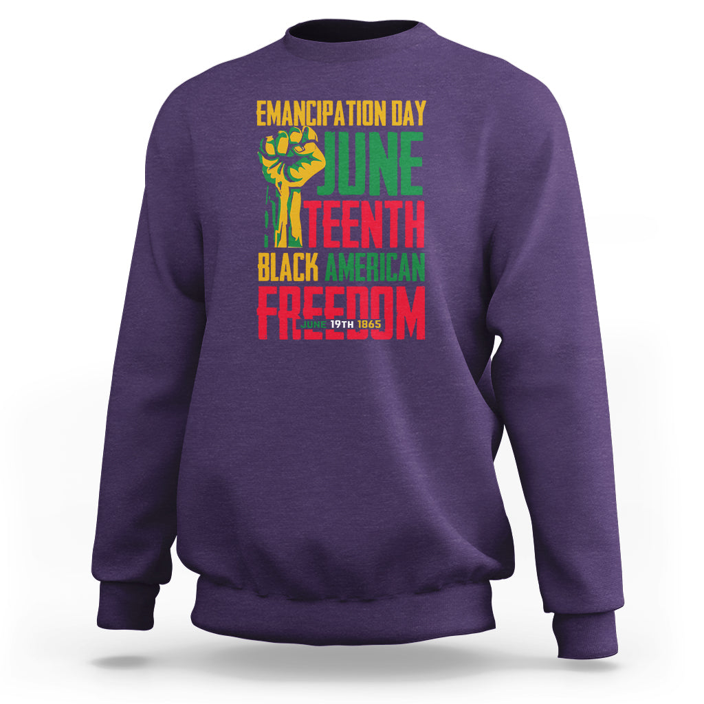 Juneteenth graphic sweatshirt in purple, crewneck, long sleeves, front print design