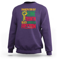Juneteenth graphic sweatshirt in purple, crewneck, long sleeves, front print design