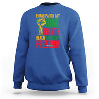 Juneteenth graphic sweatshirt in royal blue, crewneck, long sleeves, front print design