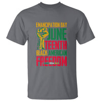Charcoal Juneteenth T-shirt with front graphic text: Emancipation Day and Freedom