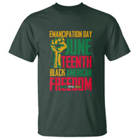 Dark forest green Juneteenth T-shirt with front graphic text: Emancipation Day and Freedom