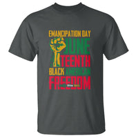 Dark heather Juneteenth T-shirt with front graphic text: Emancipation Day and Freedom