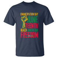 Navy Juneteenth T-shirt with front graphic text: Emancipation Day and Freedom