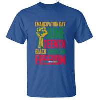 Royal blue Juneteenth T-shirt with front graphic text: Emancipation Day and Freedom
