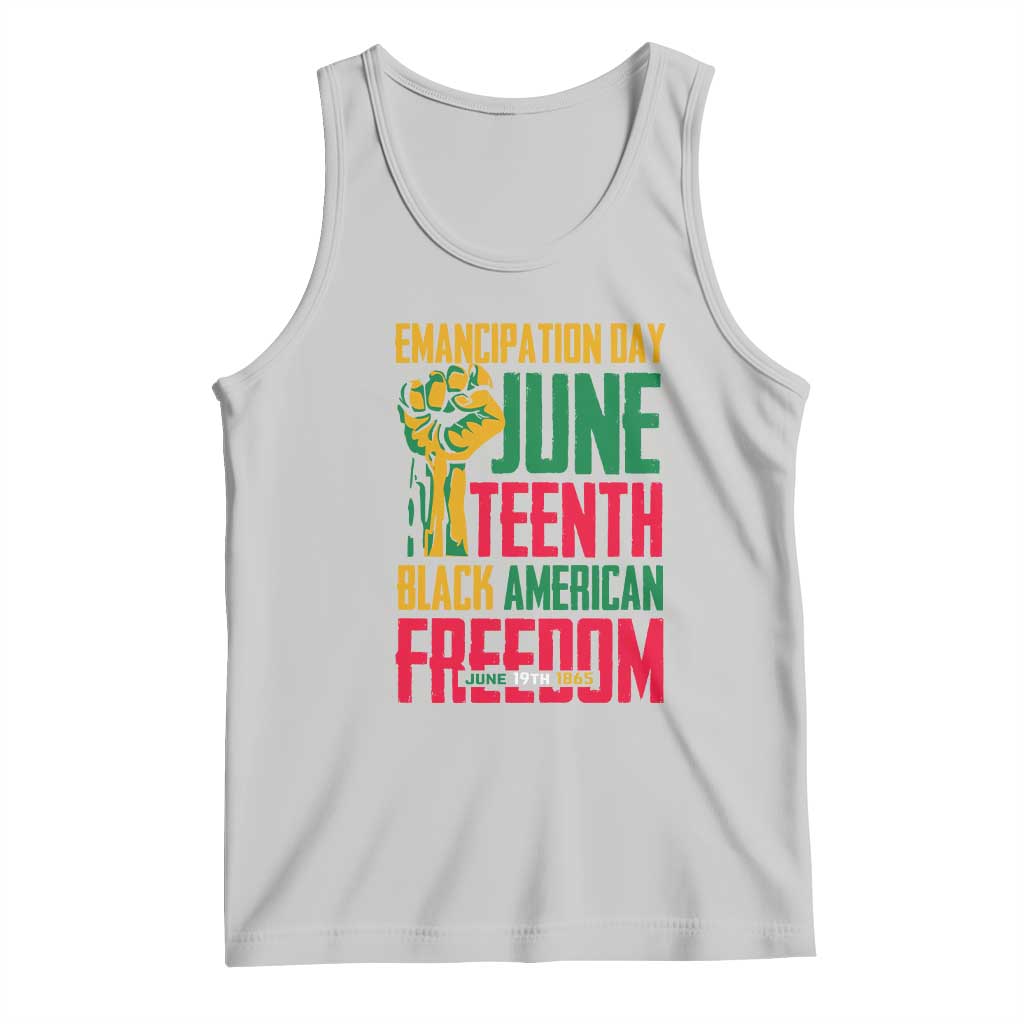 Gray tank top with colorful Juneteenth text graphic and crew neckline