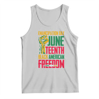 Gray tank top with colorful Juneteenth text graphic and crew neckline