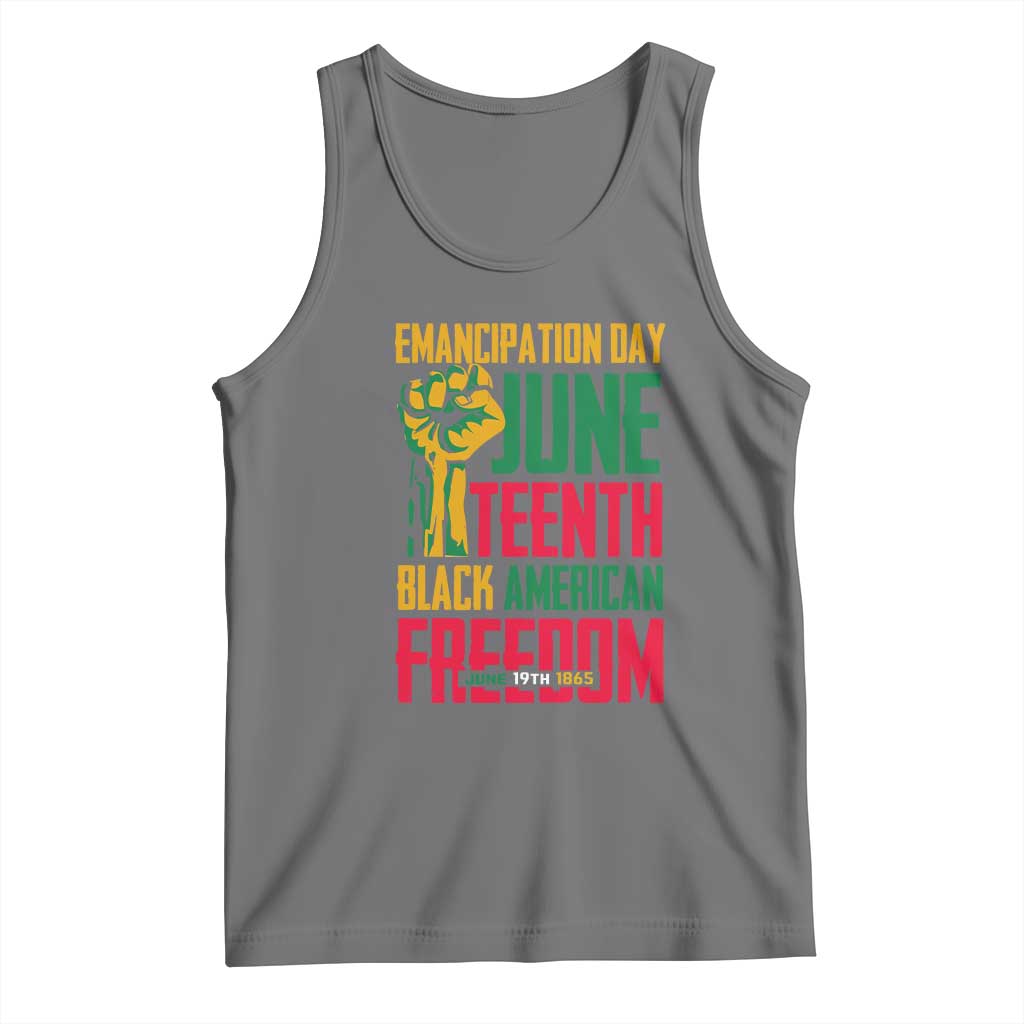 Gray Emancipation Day tank top with colorful Juneteenth graphic and Black American Freedom text