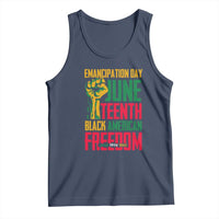 Navy Juneteenth tank top with colorful 'Emancipation Day' and 'Black American Freedom' print