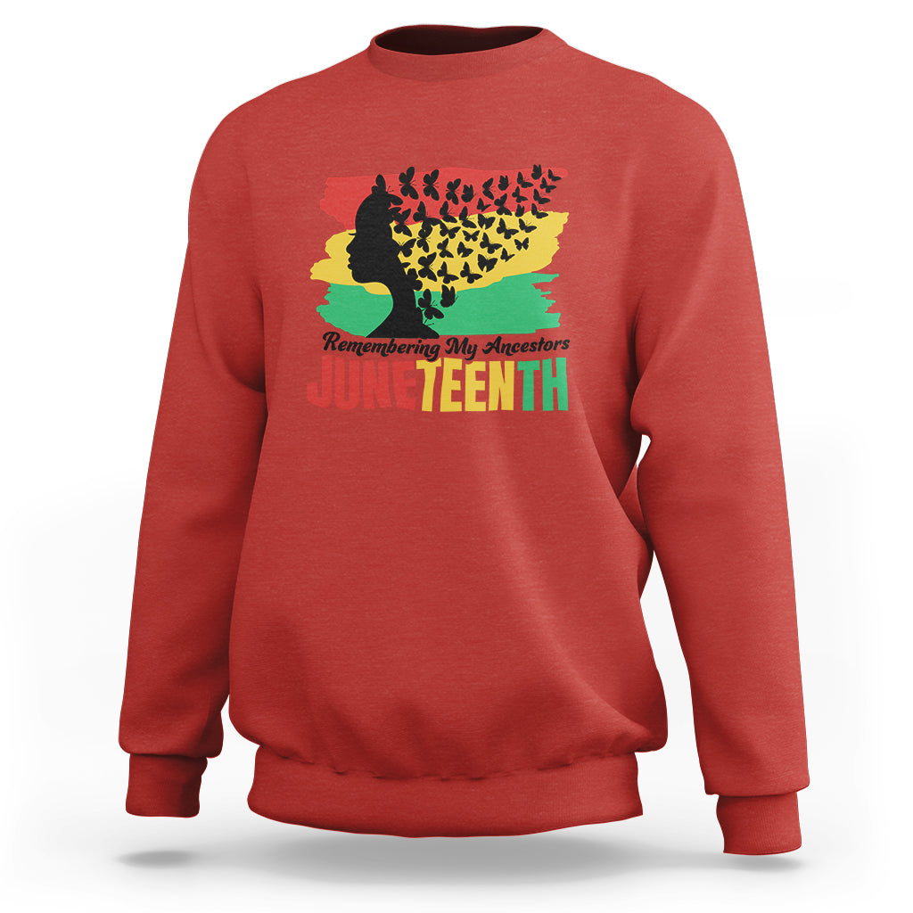 Red Juneteenth sweatshirt with multicolor ancestor silhouette and 'Juneteenth' text