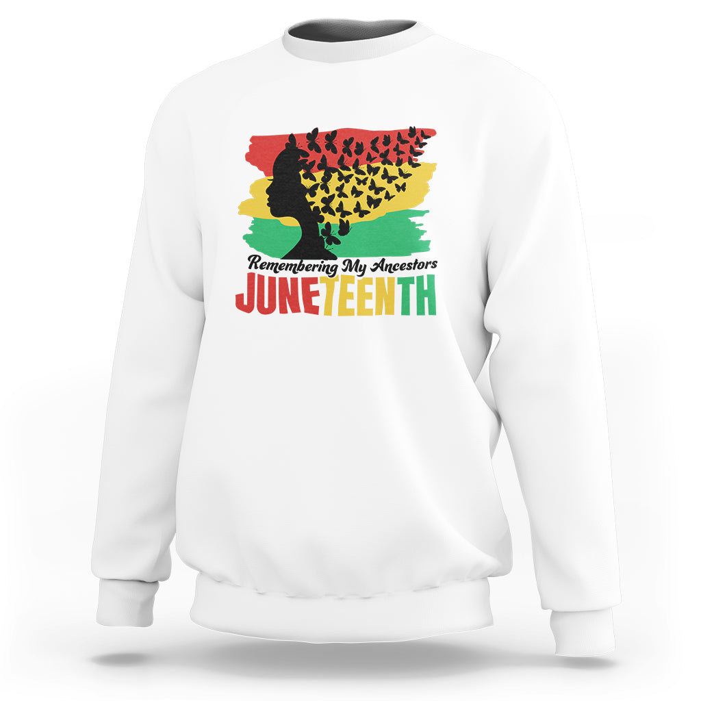 White Juneteenth sweatshirt with multicolor ancestor silhouette and 'Juneteenth' text
