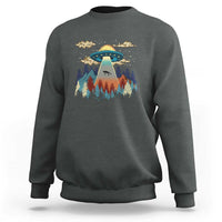 Dark heather gray crewneck sweatshirt with colorful UFO and pine forest graphic