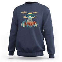 Navy crewneck sweatshirt with colorful UFO and pine forest graphic