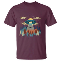 Alien UFO graphic t-shirt in maroon, short sleeves, crew neck, front chest print