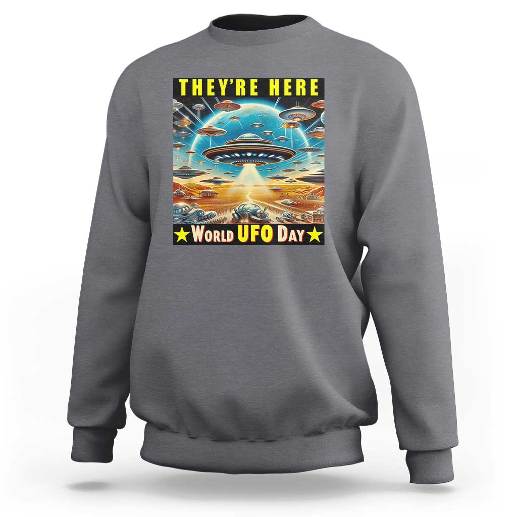 Charcoal sweatshirt with centered UFO graphic and “World UFO Day” text on back