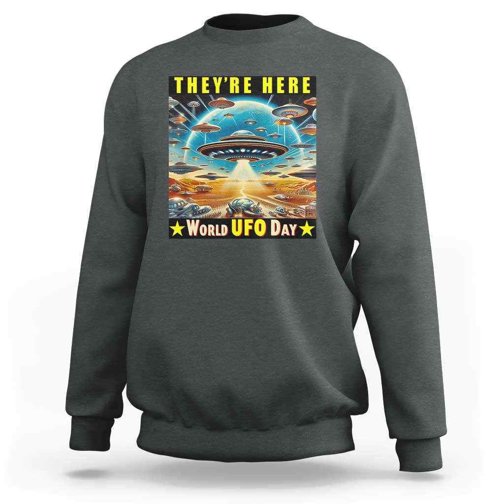Dark heather sweatshirt with centered UFO graphic and “World UFO Day” text on back