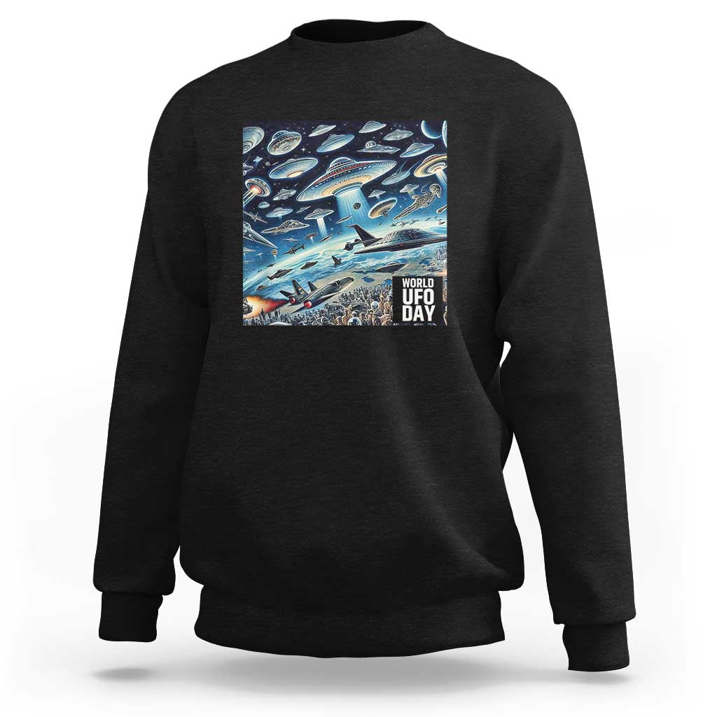 Graphic UFO sweatshirt with front rectangular "World UFO Day" print on black fabric.