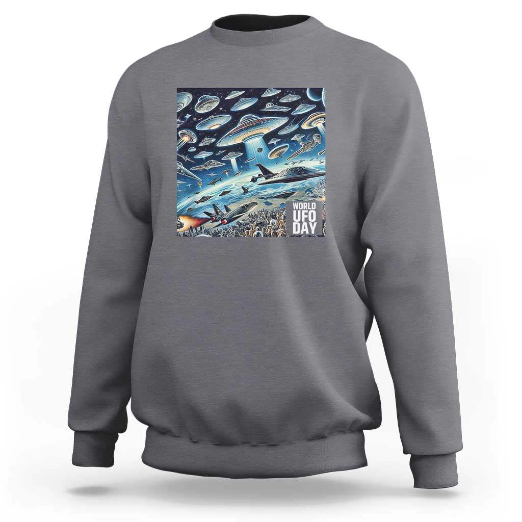 Graphic UFO sweatshirt with front rectangular "World UFO Day" print, heather gray.