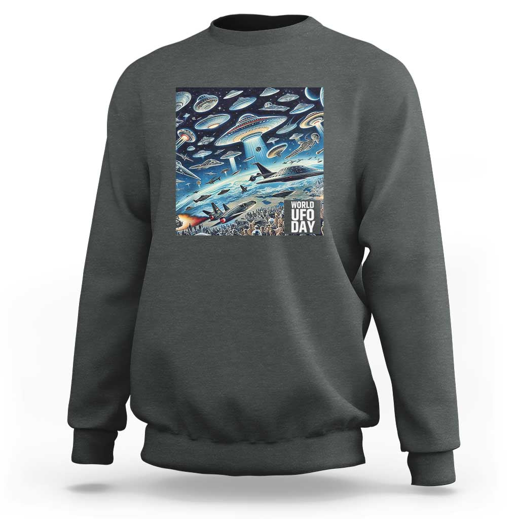 Graphic UFO sweatshirt with front rectangular "World UFO Day" print, dark heather gray.
