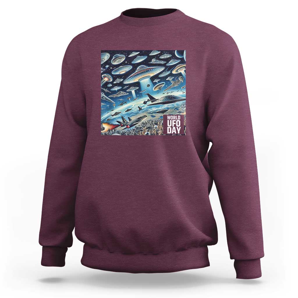 Graphic UFO sweatshirt with front rectangular "World UFO Day" print, maroon.