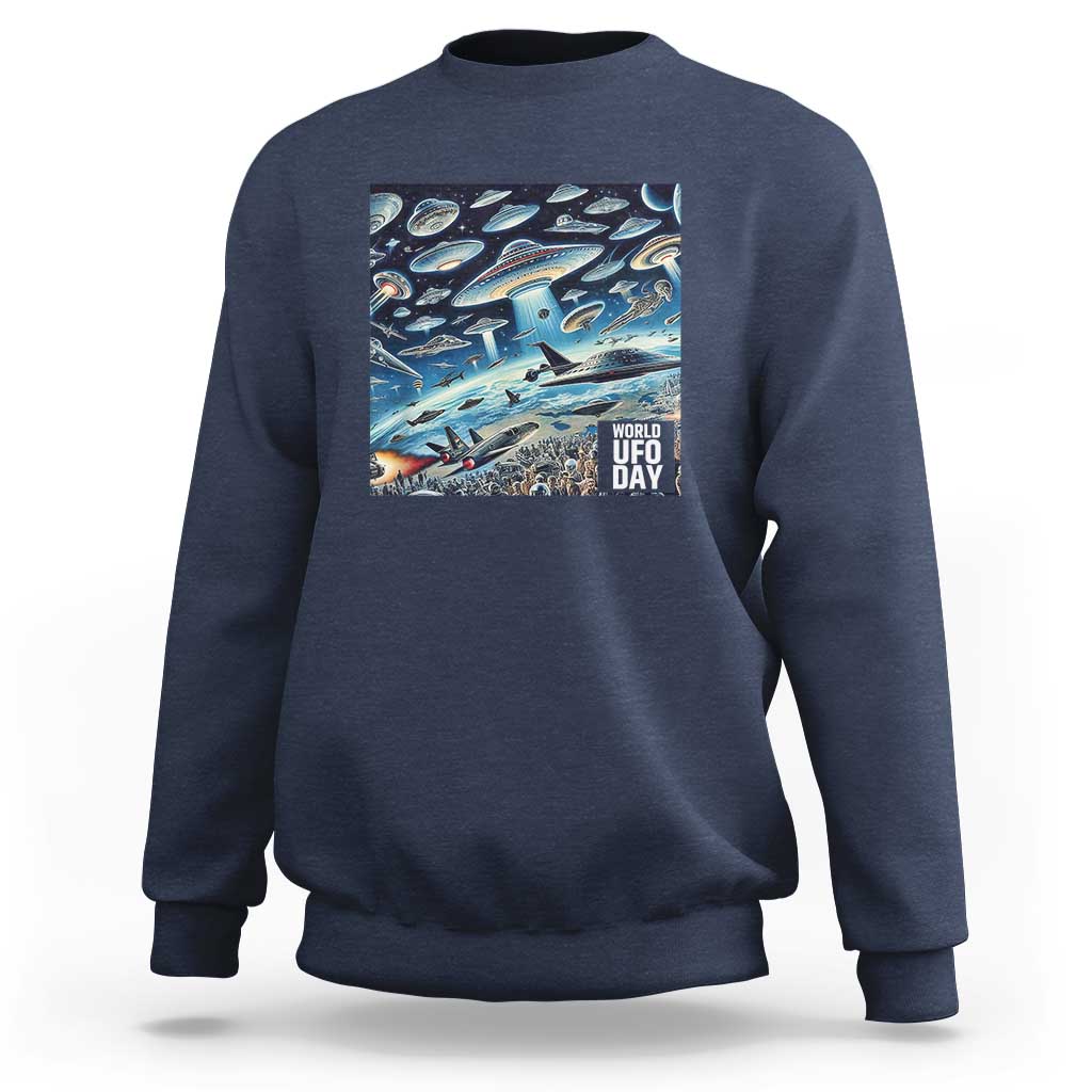 Graphic UFO sweatshirt with front rectangular "World UFO Day" print, navy blue.