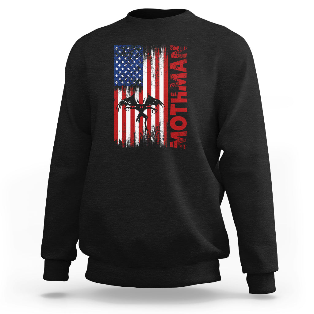 Black crewneck sweatshirt with American flag-style graphic and vertical red text on chest