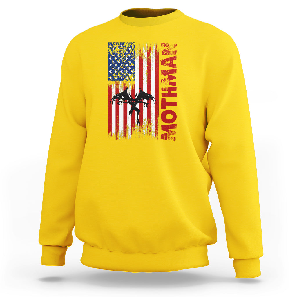 Daisy yellow crewneck sweatshirt with American flag-style graphic and vertical red text on chest