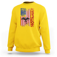 Daisy yellow crewneck sweatshirt with American flag-style graphic and vertical red text on chest