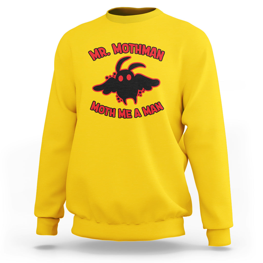 Daisy yellow crewneck sweatshirt with red “Mr. Mothman” moth graphic on chest