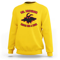 Daisy yellow crewneck sweatshirt with red “Mr. Mothman” moth graphic on chest