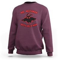 Maroon crewneck sweatshirt with red “Mr. Mothman” moth graphic on chest