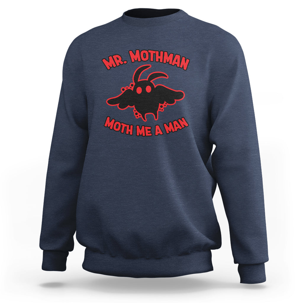 Navy crewneck sweatshirt with red “Mr. Mothman” moth graphic on chest